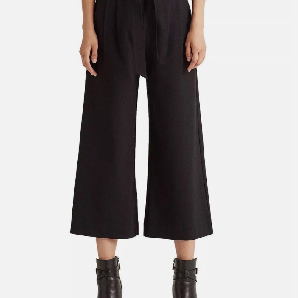 Lauren Ralph Lauren Black Viscose Crop Knit Wide-Leg Ponte Pant || XS